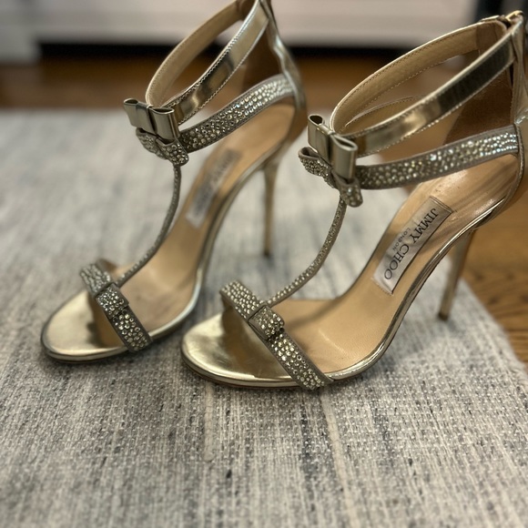 Jimmy Choo formal gold heel with bows & jewels - Picture 2 of 5